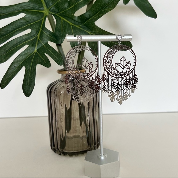 Moon Dream Catcher Silver Dangle Earrings -Silver Witchy Chic Celestial Earrings - Picture 6 of 10